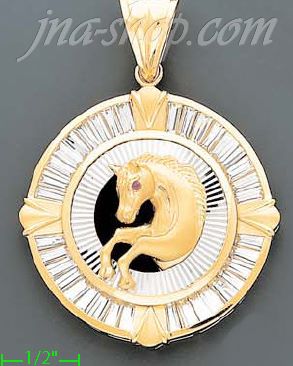 14K Gold Horse Medallion CZ Charm Pendant - Click Image to Close