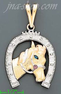 14K Gold Horseshoe w/Horse CZ Charm Pendant - Click Image to Close