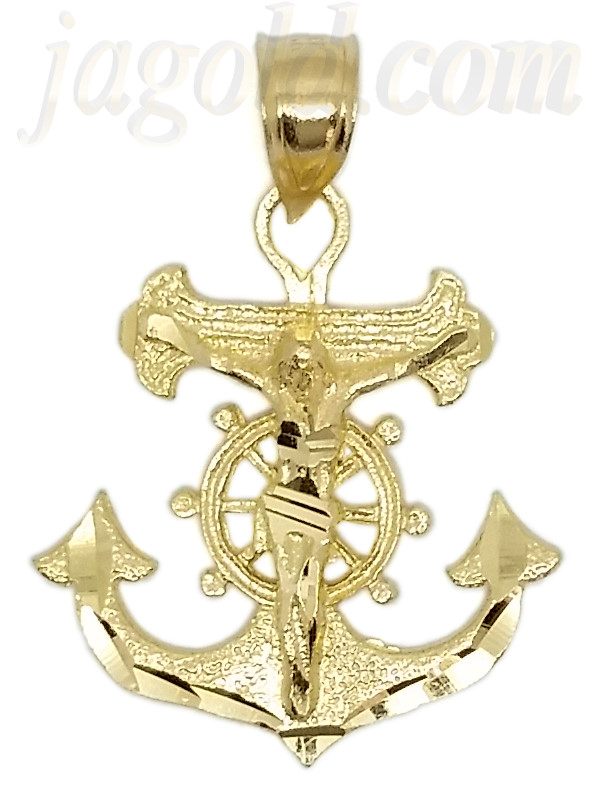 14K Gold Crucifix Cross Anchor Diamond-Cut Charm Pendant - Click Image to Close