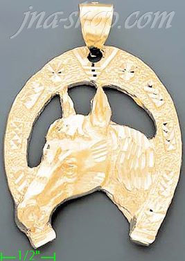 14K Gold Horseshoe w/Horse Head Dia-Cut Charm Pendant - Click Image to Close