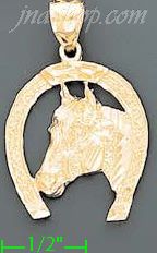 14K Gold Horseshoe w/Horse Head Dia-Cut Charm Pendant - Click Image to Close