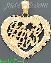 14K Gold I Love You Heart w/Flowers Dia-Cut Charm Pendant - Click Image to Close