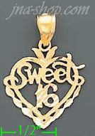 14K Gold Sweet 16 Heart Dia-Cut Charm Pendant - Click Image to Close