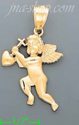 14K Gold Cupid Holding Heart Cross Sand Polished Dia-Cut Charm P - Click Image to Close