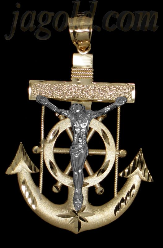 14K White/Yellow Gold Diamond-cut Crucifix Cross Anchor Pendant - Click Image to Close