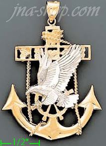 14K Gold Striking Eagle Anchor 3Color Dia-Cut Charm Pendant - Click Image to Close