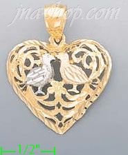 14K Gold 2 Birds Kissing Filigree Heart 3Color Dia-Cut Charm Pen - Click Image to Close