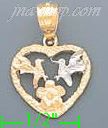 14K Gold Hummingbirds Heart w/Flower 3Color Dia-Cut Charm Pendan - Click Image to Close