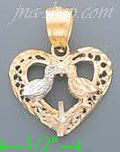 14K Gold Heart w/Birds Kissing 3Color Dia-Cut Charm Pendant - Click Image to Close