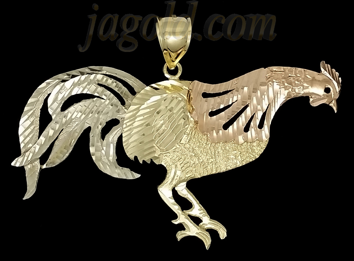 14K Gold Rooster 3Color Diamond-Cut Charm Pendant - Click Image to Close