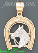 14K Gold Horseshoe w/Horse Head 3Color Dia-Cut Charm Pendant - Click Image to Close