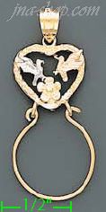 14K Gold Heart w/Hummingbirds & Flower Charm Holder 3Color Dia-C - Click Image to Close