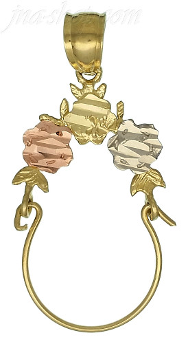 14K Gold 3 Roses Charm Holder 3Color Dia-Cut Charm Pendant - Click Image to Close