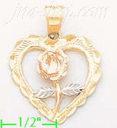 14K Gold Heart w/Rose 3Color Dia-Cut Charm Pendant - Click Image to Close