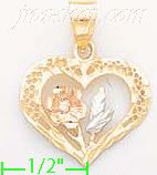 14K Gold Heart w/Rose 3Color Dia-Cut Charm Pendant - Click Image to Close