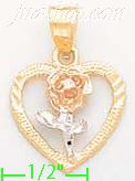 14K Gold Heart w/Rose 3Color Dia-Cut Charm Pendant - Click Image to Close