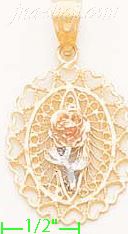 14K Gold Filigree Oval w/Rose 3Color Dia-Cut Charm Pendant - Click Image to Close