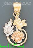14K Gold Rose w/Leaves 3Color Dia-Cut Charm Pendant - Click Image to Close