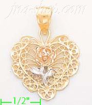 14K Gold Filigree Heart w/Rose 3Color Dia-Cut Charm Pendant - Click Image to Close