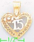 14K Gold 15 Años Heart w/Flower 3Color Dia-Cut Charm Pendant - Click Image to Close