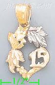 14K Gold 15 Años w/Leaves 3Color Dia-Cut Charm Pendant - Click Image to Close
