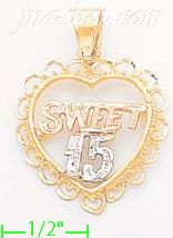 14K Gold Sweet 15 Heart 3Color Dia-Cut Charm Pendant - Click Image to Close