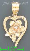14K Gold Heart w/Flower 3Color Dia-Cut Charm Pendant - Click Image to Close
