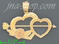 14K Gold Double Heart w/Rose & Arrow 3Color Dia-Cut Charm Pendan - Click Image to Close