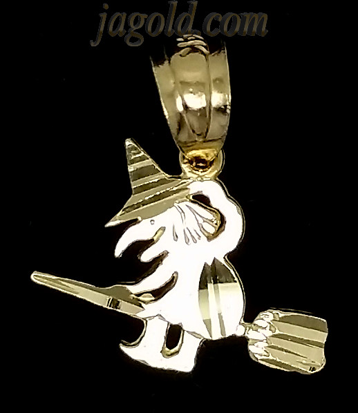 14K Gold Small Witch Flying on Broom Diamond-Cut Charm Pendant - Click Image to Close