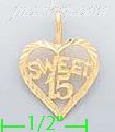 14K Gold Sweet 15 Heart Dia-Cut Charm Pendant - Click Image to Close