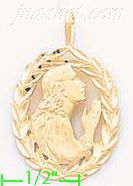 14K Gold Woman Praying Oval Leaf Frame Dia-Cut Charm Pendant - Click Image to Close