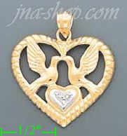 14K Gold Doves Kissing Inside Heart 2Tone Charm Pendant - Click Image to Close