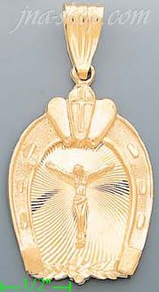 14K Gold Crucifix w/Horseshoe Stamp Charm Pendant - Click Image to Close