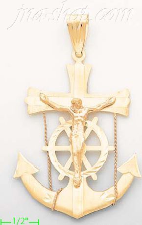 14K Gold Anchor Crucifix Stamp Charm Pendant - Click Image to Close