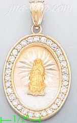 14K Gold Virgin of Guadalupe Oval 3Color Stamped CZ Charm Pendan - Click Image to Close