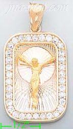 14K Gold Crucifix Round Rectangle 3Color Stamped CZ Charm Pendan - Click Image to Close