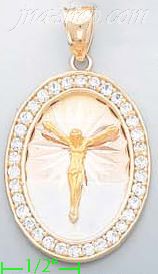 14K Gold Crucifix Oval 3Color Stamped CZ Charm Pendant - Click Image to Close