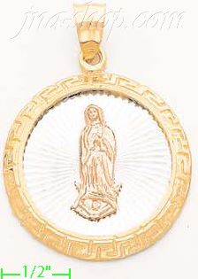 14K Gold Virgin of Guadalupe w/Greek Design Frame Round Stamp Ch - Click Image to Close