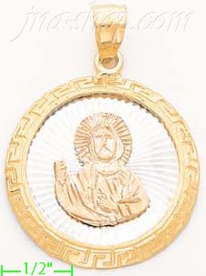 14K Gold Jesus Sacred Heart w/Greek Design Frame Round Stamp Cha - Click Image to Close