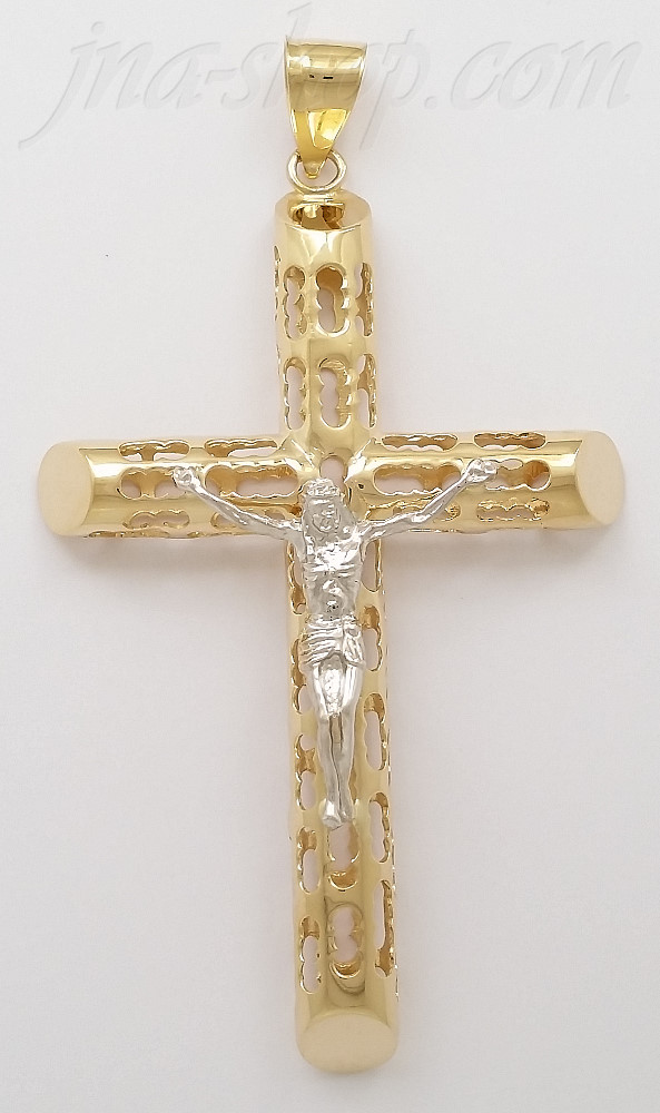 14K White Yellow Gold Large 2Tone Crucifix Tubular Cross w/Cutou - Click Image to Close