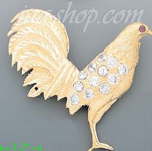 14K Gold Cock Rooster CZ Charm Pendant - Click Image to Close