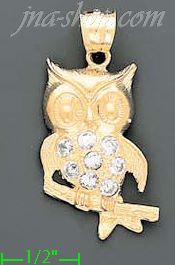 14K Gold Owl on Branch CZ Charm Pendant - Click Image to Close