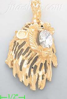 14K Gold Lion Head w/Open Mouth CZ Charm Pendant - Click Image to Close