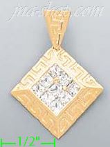 14K Gold Diamond Shape Greek Design CZ Charm Pendant - Click Image to Close