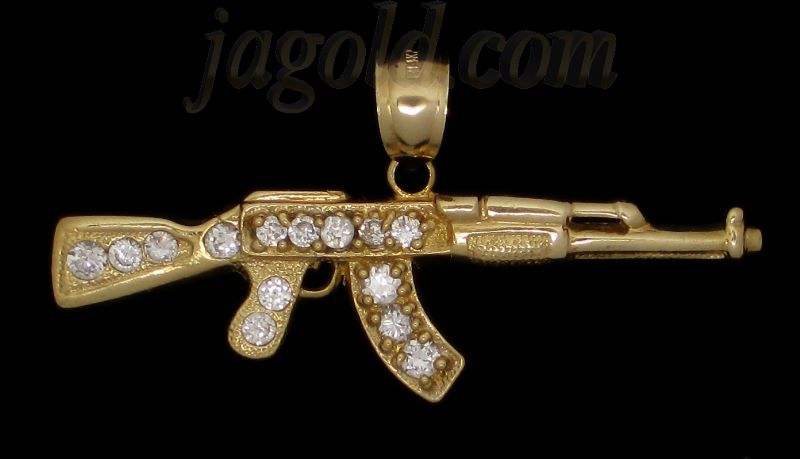 14K Gold AK-47 Assault Rifle CZ Charm Pendant - Click Image to Close