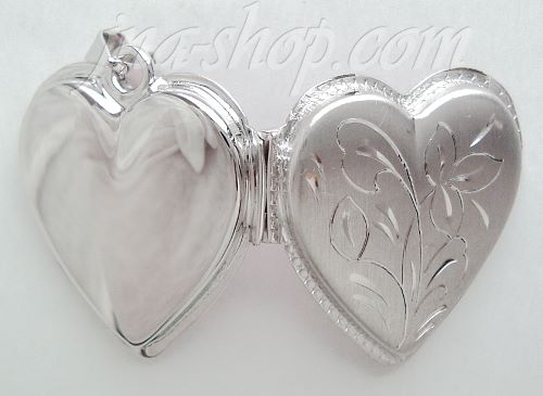 14K White Gold Etched Flower Design Heart Shaped Italian Locket - Click Image to Close
