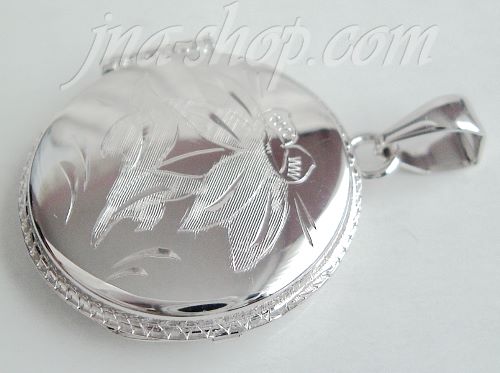 14K White Gold Etched Flower Design Round Italian Locket Charm P - Click Image to Close
