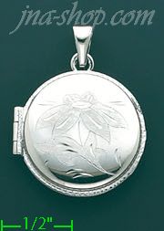 14K White Gold Etched Flower Design Round Italian Locket Charm P - Click Image to Close