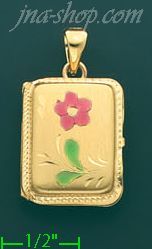 14K Gold Enamel Dia-Cut & Etched Flower Rectangular Italian Lock - Click Image to Close