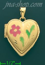 14K Gold Enamel Dia-Cut & Etched Flower Heart Italian Locket Cha - Click Image to Close